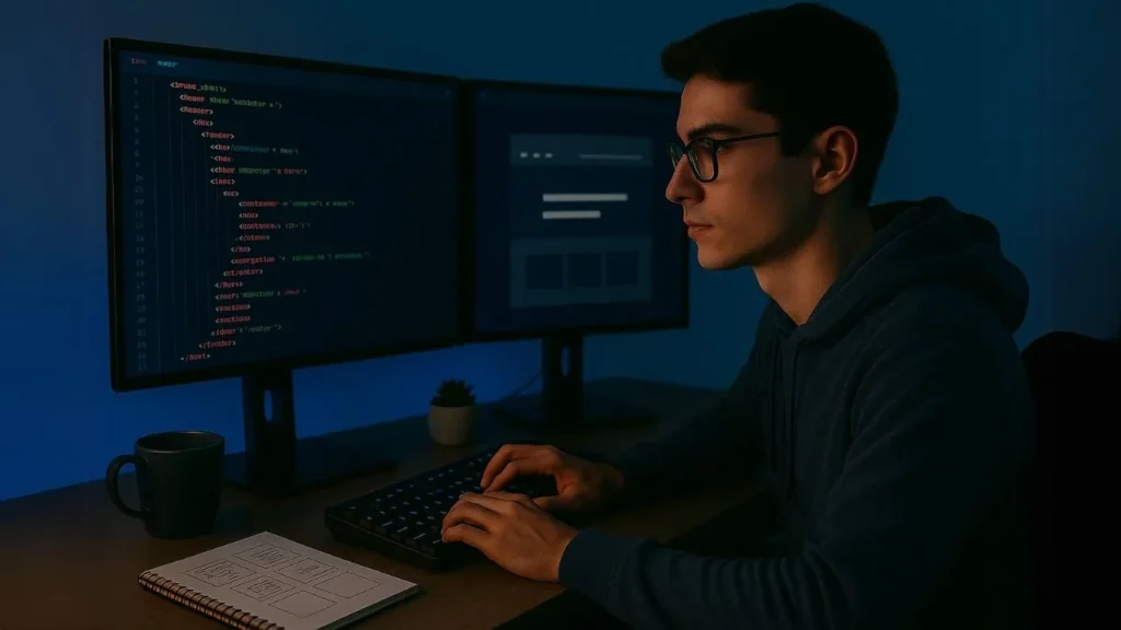 College student learning web design and coding hobbies on computer for career development and skill building