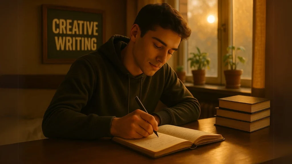 College student practicing creative writing hobby in cozy dorm room for mental health and stress management