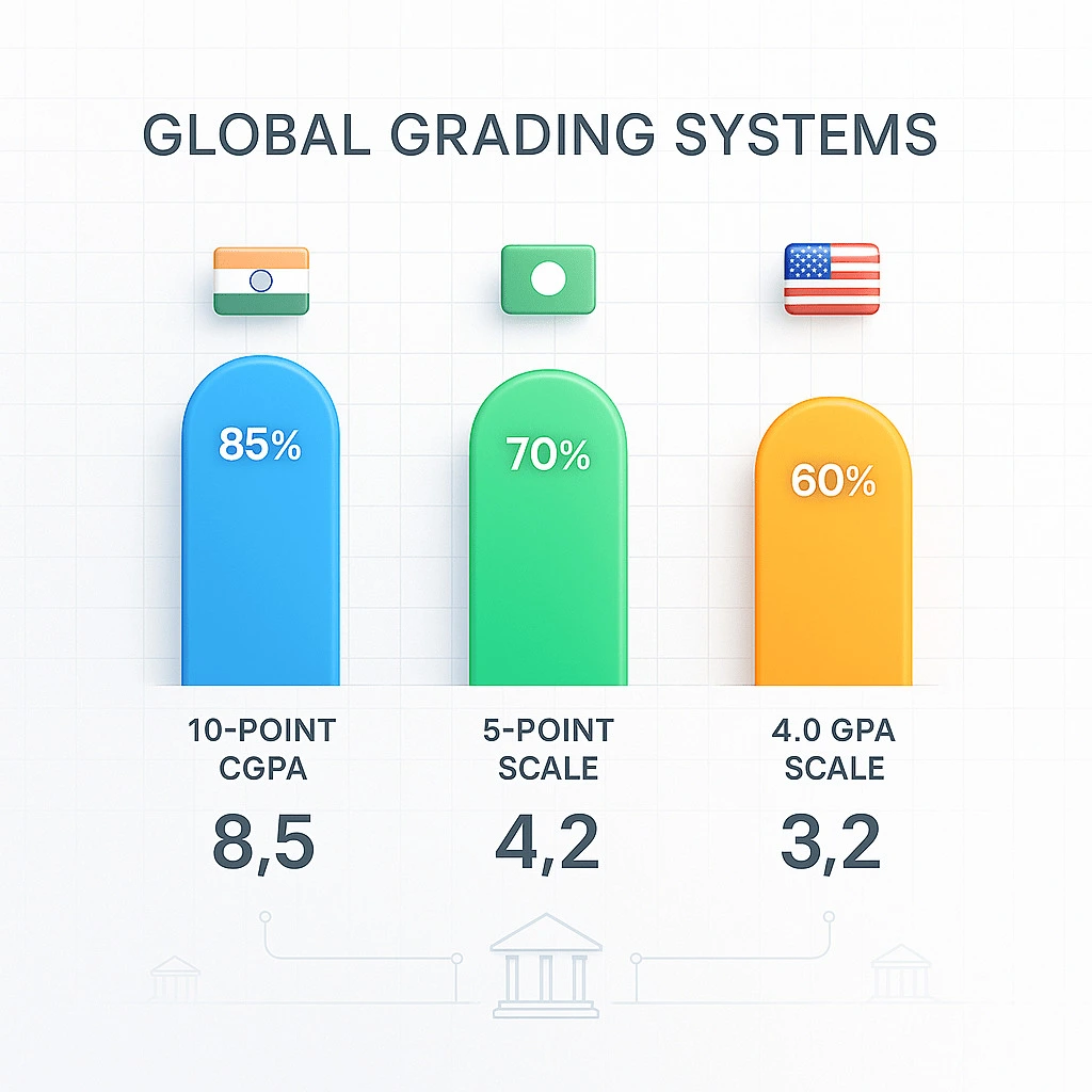 CGPA grading systems comparison showing 10-point, 5-point and 4.0 GPA scales with country flags