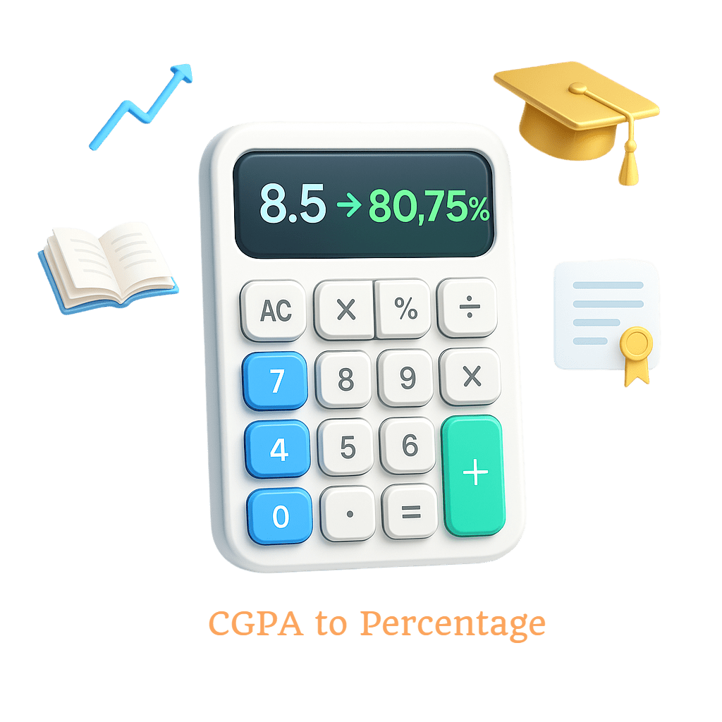 CGPA to percentage calculator showing 8.5 CGPA converting to 80.75% with graduation elements