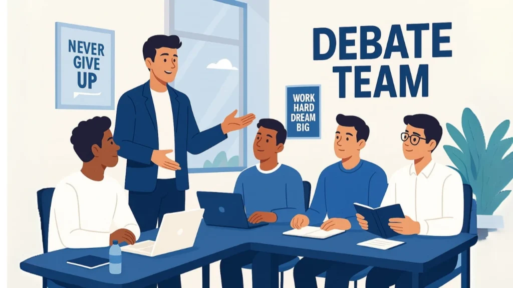College students developing public speaking skills through debate hobby for career advancement and confidence building