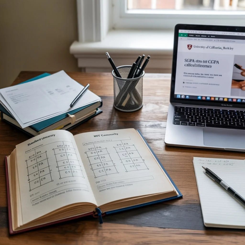 Lecturer’s desk with textbooks and laptop displaying SGPA to CGPA conversion formulas by university.