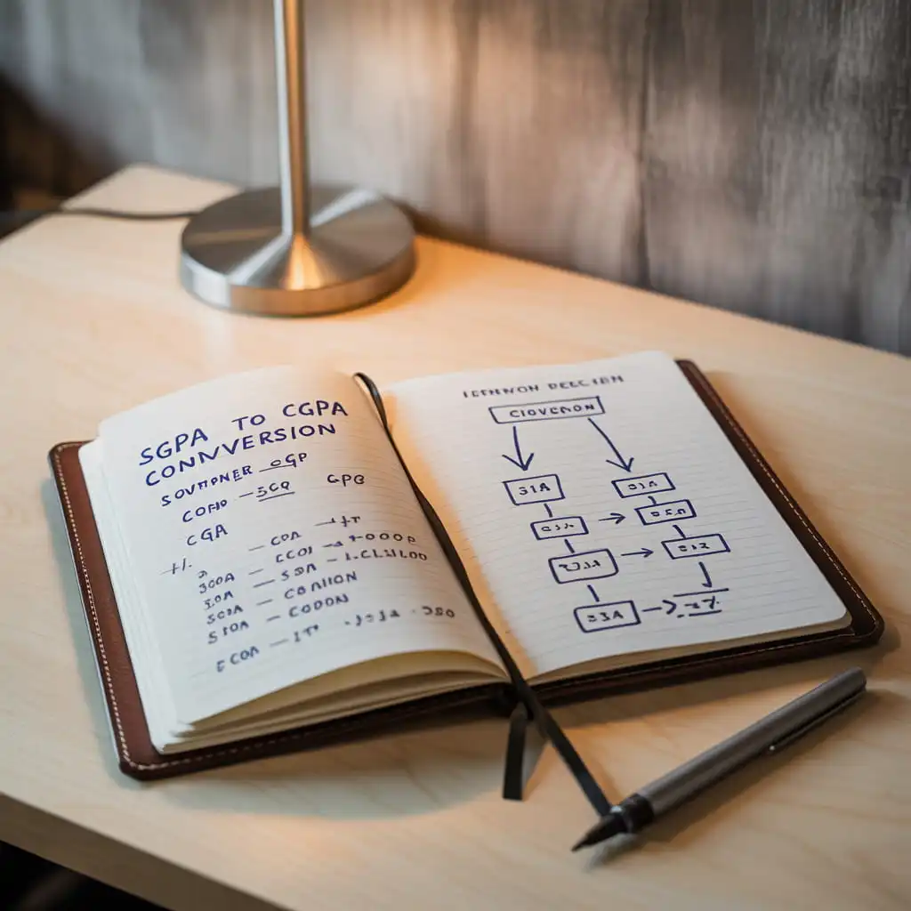 Open notebook showing handwritten SGPA to CGPA conversion formulas and steps.