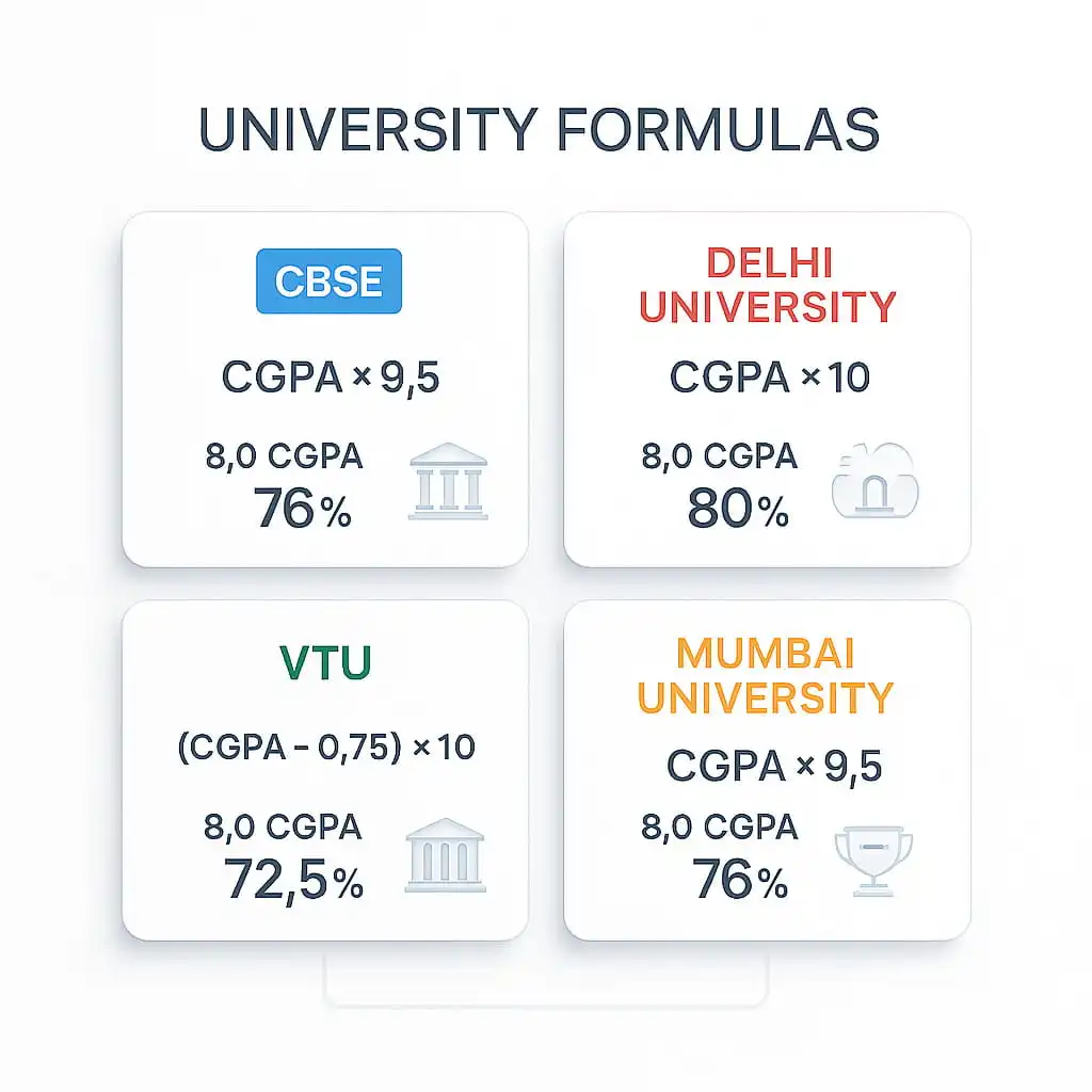 University CGPA to percentage formulas showing CBSE, DU, VTU and MU conversion methods